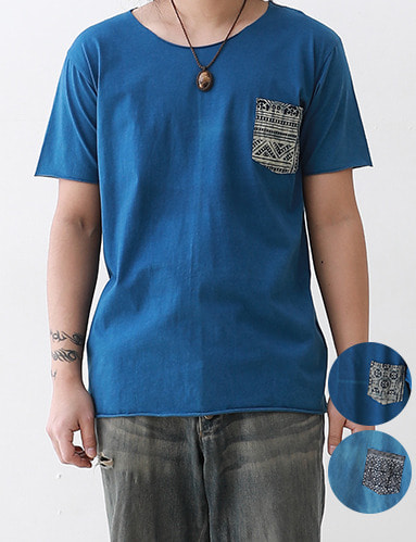 포켓 인디고 반팔 티셔츠 (3종) 에스닉 히피룩 스타일 패션